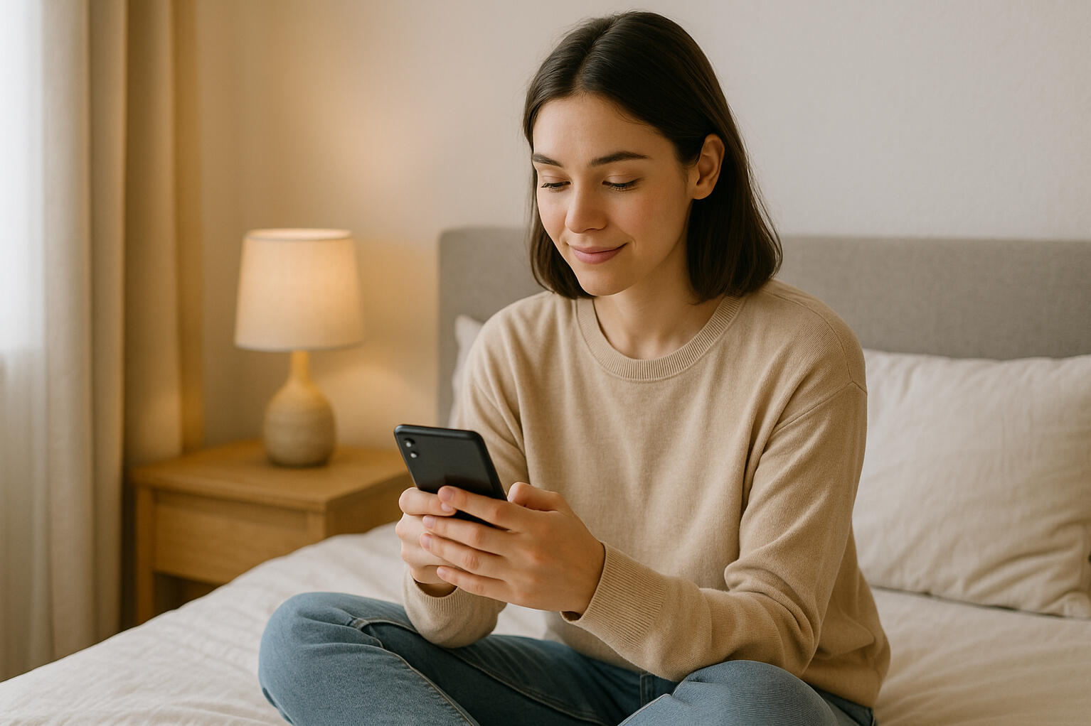 A white girl sitting on bed talking with Aitherapy on her phone